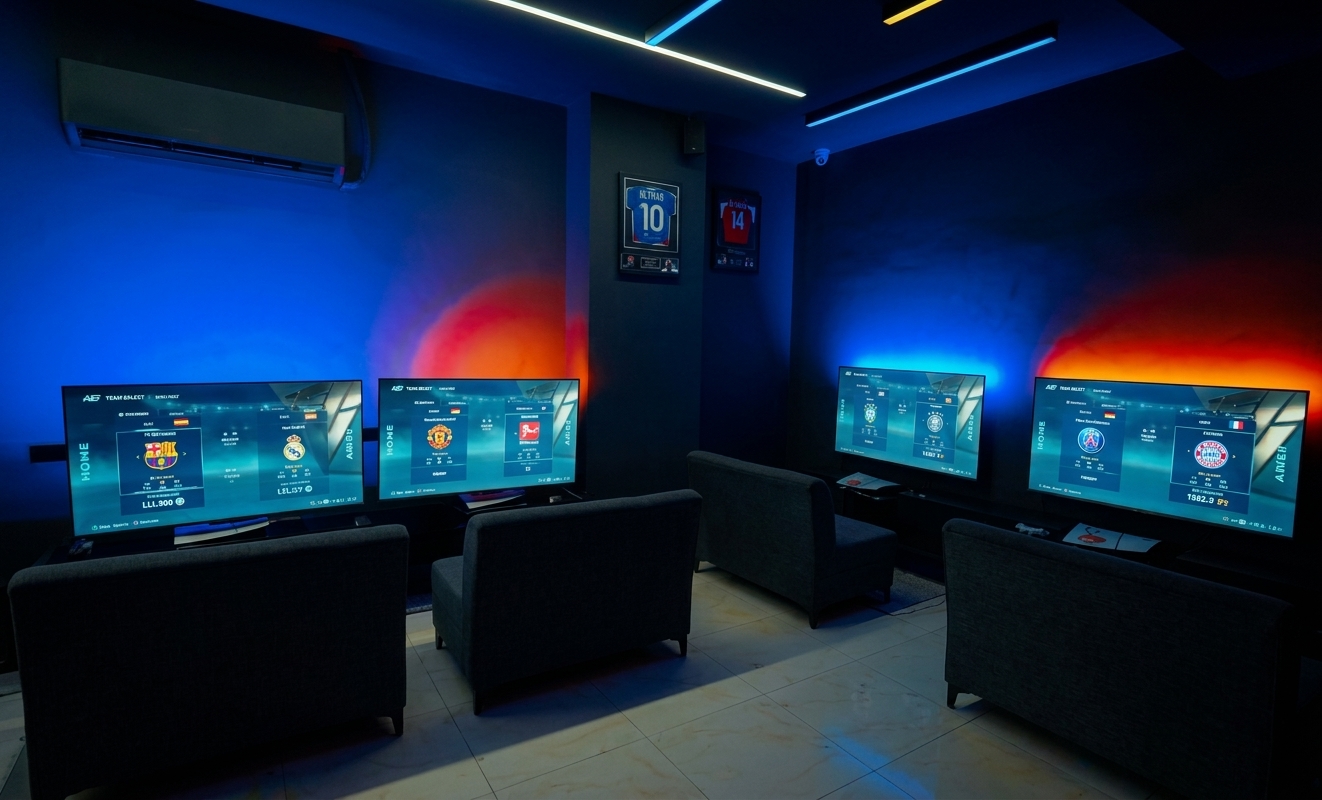 PS5 console lounge with large screens and comfortable chairs