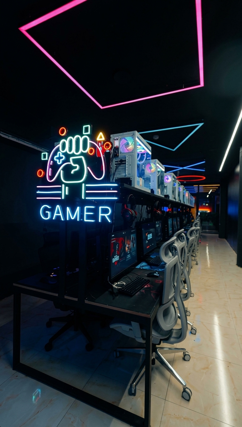 Gamer neon sign above a row of gaming PCs